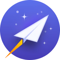 White paper airplane flying against a purple starry circular background with a yellow trail.
