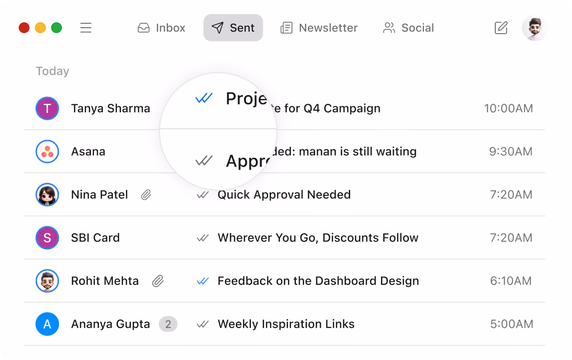 Email inbox interface showing sent messages with read and delivery status icons, sender names, subjects, and times.