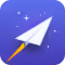 White paper airplane icon with yellow tip on a dark blue background with stars.