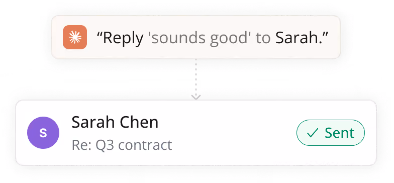 Two boxes showing a reply command with 'sounds good' to Sarah and a sent message from Sarah Chen.