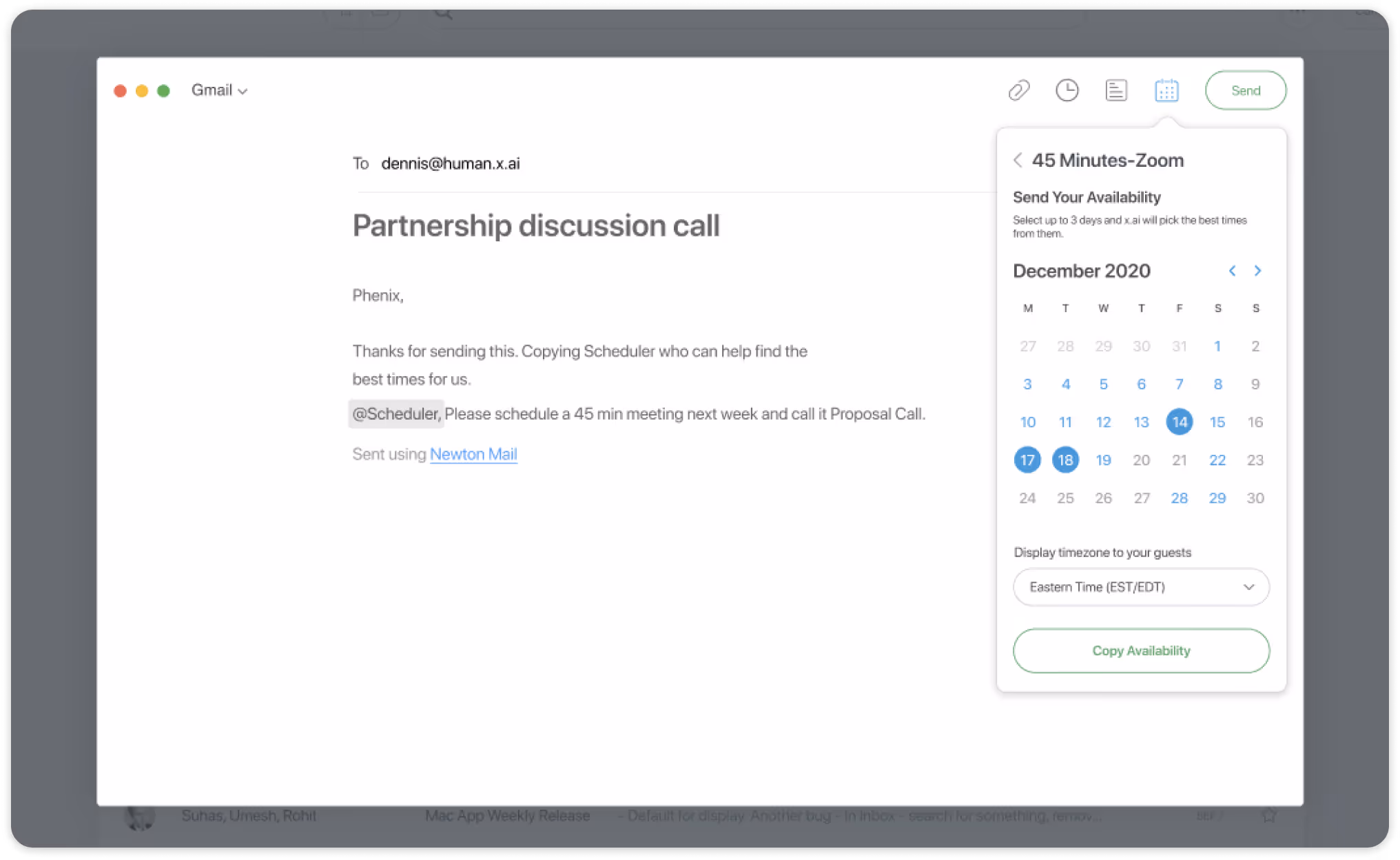 Email draft in Newton Mail addressed to dennis@human.x.ai requesting to schedule a 45-minute proposal call next week, with a calendar widget showing available dates in December 2020 for a Zoom meeting.