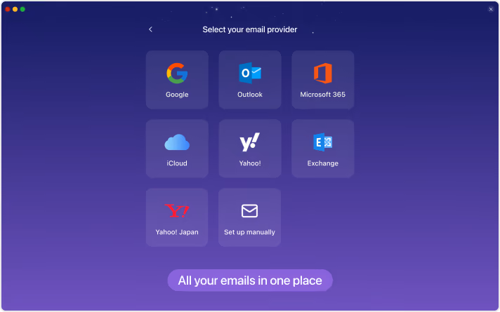 Email provider selection screen with options including Google, Outlook, Microsoft 365, iCloud, Yahoo!, Exchange, Yahoo! Japan, and manual setup, against a dark blue to purple gradient background.