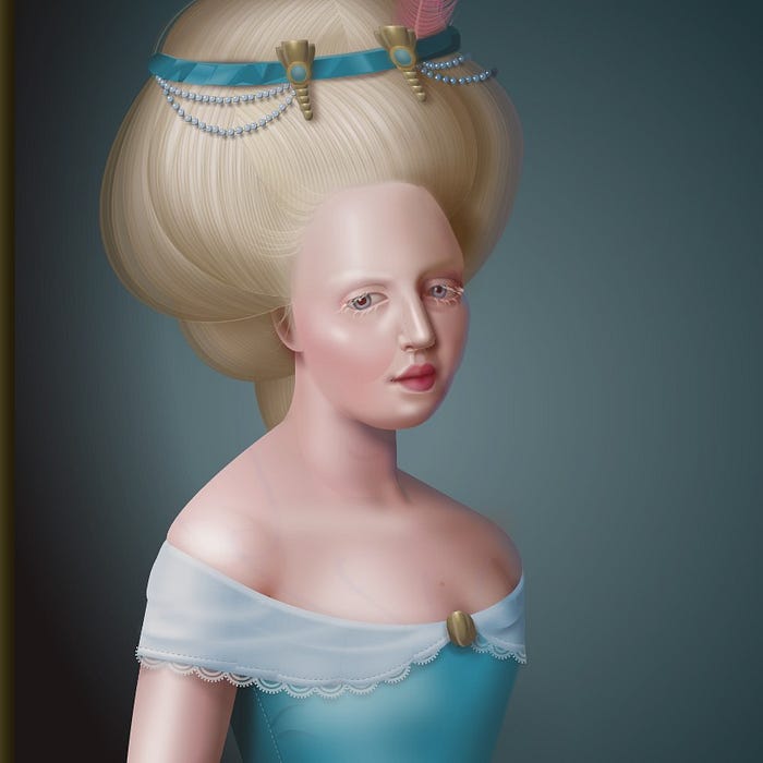 Painting of a girl with long hair and blue dress
