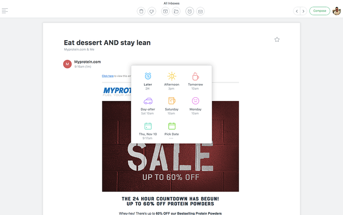 Screenshot of snoozing an email 