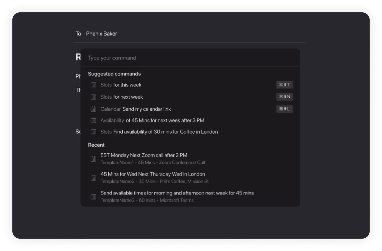 Screen showing a command input box with suggested commands and recent commands for scheduling and calendar management.