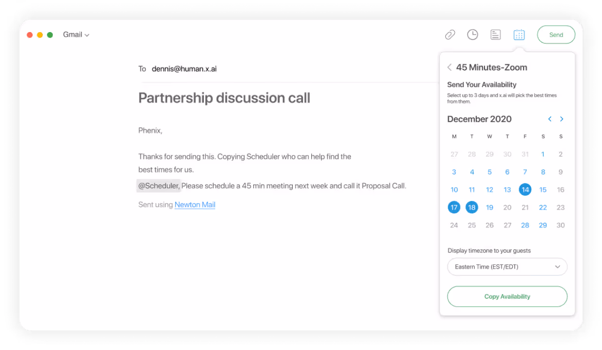 Email draft in Gmail to dennis@human.x.ai with subject 'Partnership discussion call' requesting a 45-minute meeting, with a calendar widget on the right showing December 2020 and selected dates for meeting availability.