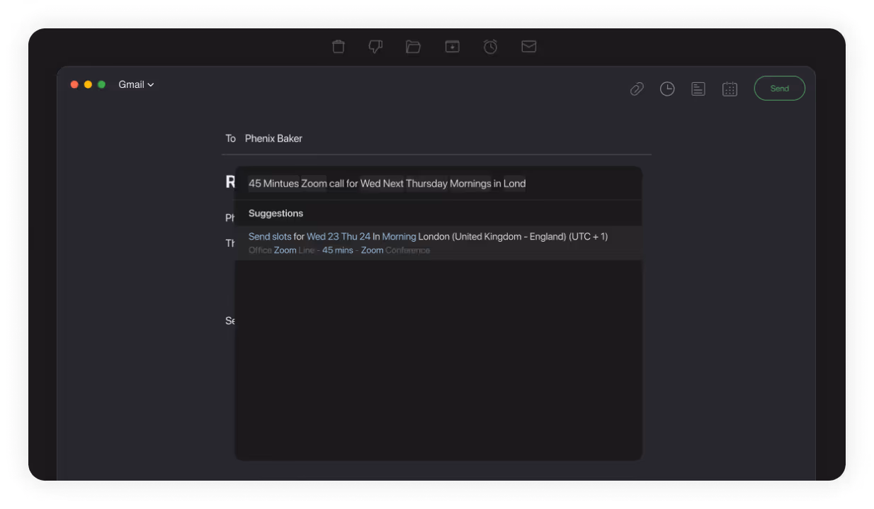 Gmail compose window with a calendar suggestion popup showing a 45-minute Zoom call scheduled for next Thursday morning in London.