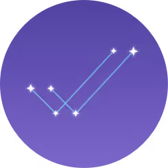 Graph with connected points rising in a zigzag pattern, ending with two points shooting upward like arrows on a purple gradient circular background.
