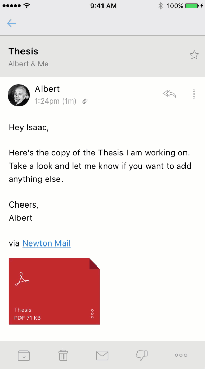 Email draft titled 'Thesis' from Albert to Isaac, mentioning a thesis copy attached as a PDF file named 'Thesis' of 71 KB.