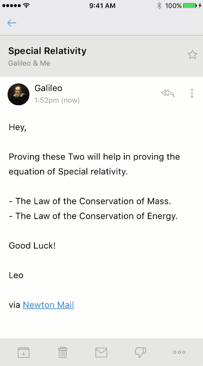 Email titled 'Special Relativity' from Galileo explaining the importance of proving the laws of conservation of mass and energy for special relativity.