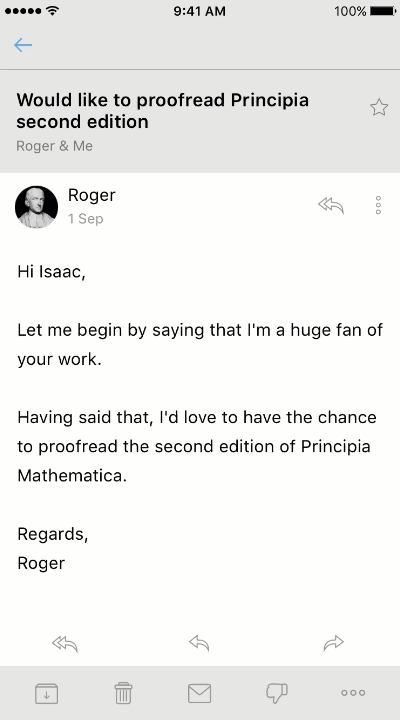 Email from Roger to Isaac expressing admiration for Isaac's work and offering to proofread the second edition of Principia Mathematica.