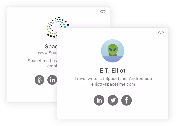 Two overlapping digital profile cards; front card shows an alien avatar with the name E.T. Elliot, travel writer at Spacetime, Andromeda, with social icons for LinkedIn, Twitter, and Facebook, and the back card has the Spacetime logo and a brief company description with social icons.