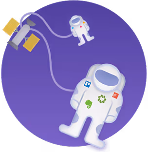Two astronauts floating in space tethered to a satellite against a purple background, one with environmental and tech icons on the suit.